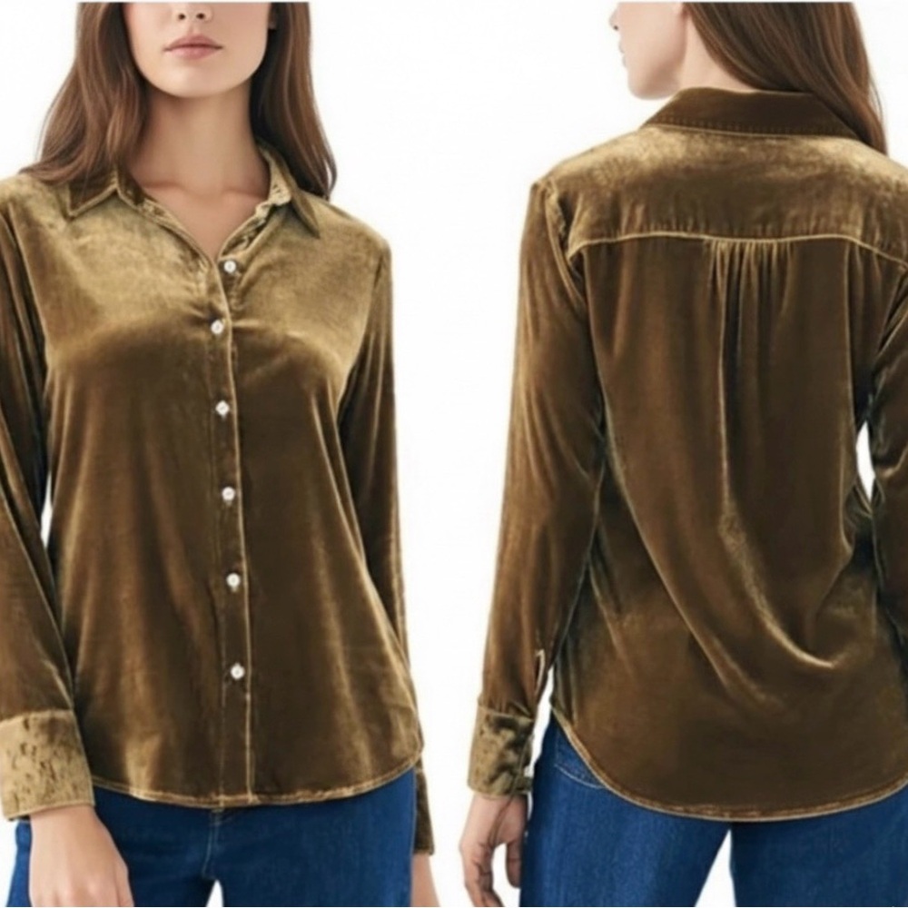 Faherty - women’s Stretch Silk velvet button down shirt, green long sleeve top M